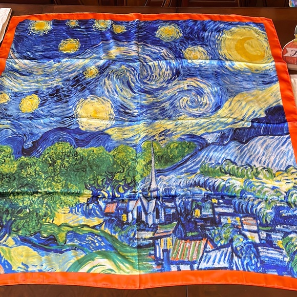 Van Gogh Starry Nights 100% silk feeling 34” x 35” scarf - Picture 1 of 11